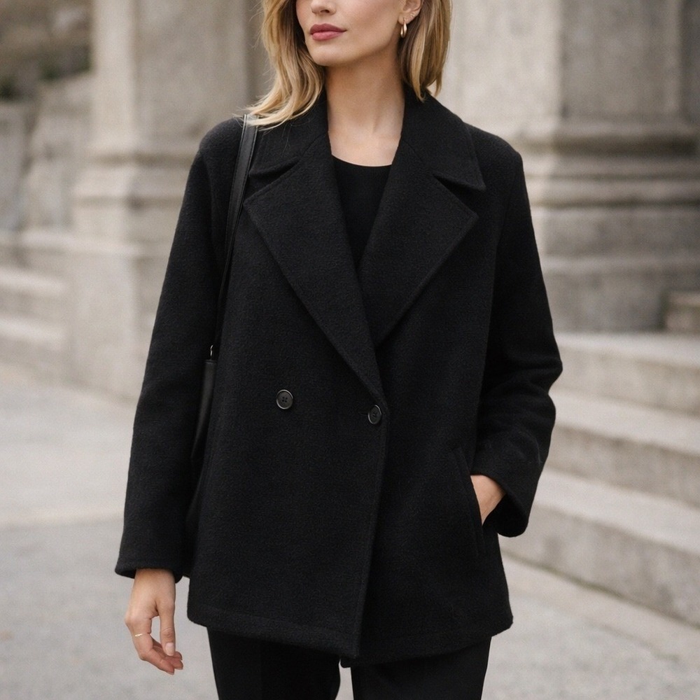 Banana Republic Black‎ Boiled Wool Cocoon Pea Coat Size Medium